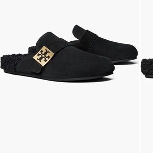 Tory Burch Black Shearling Mules with Gold Emblem